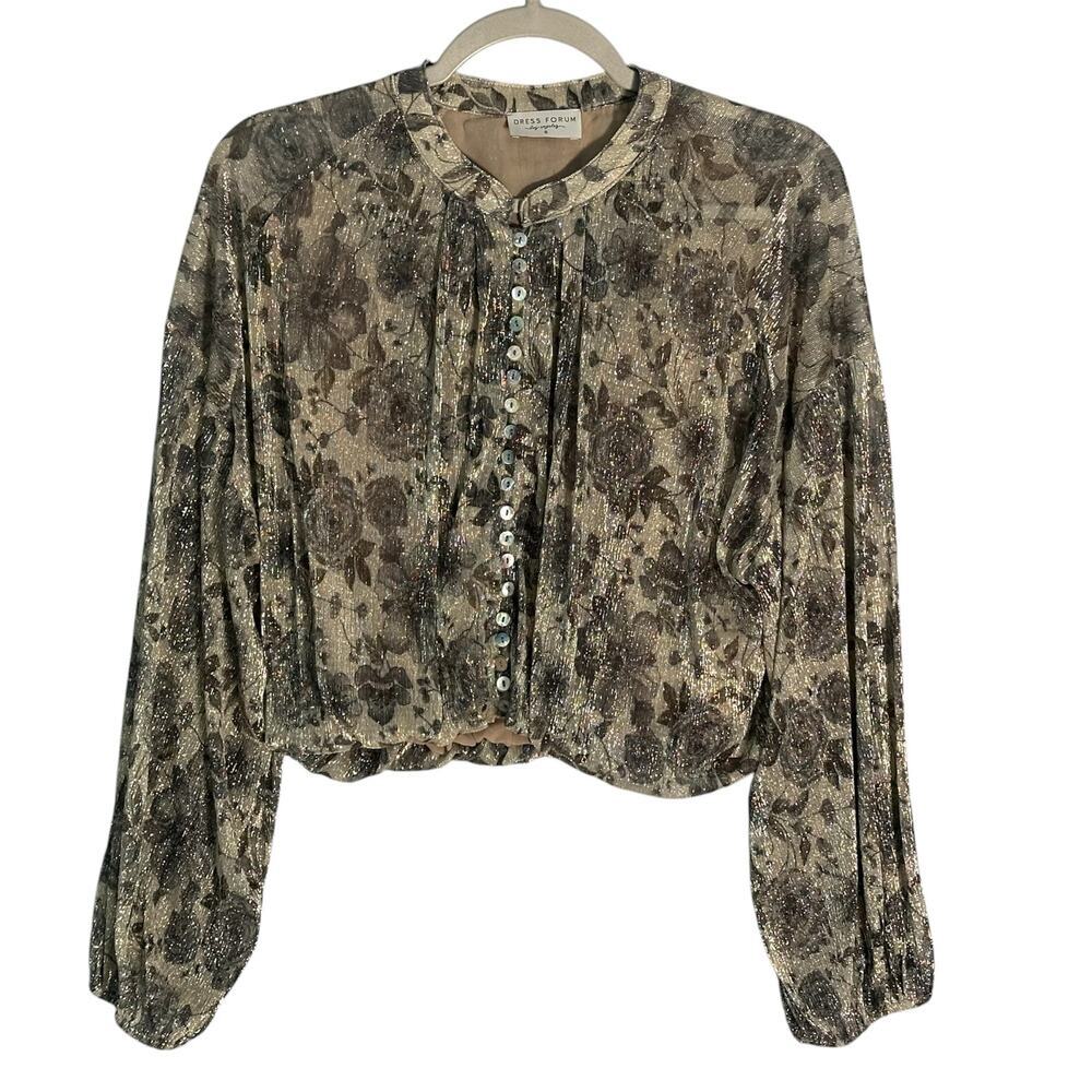 Dress Forum Eclipsed Bloom Metallic‎ Top Sz S Balloon Sleeve Floral Shimmer Chic
